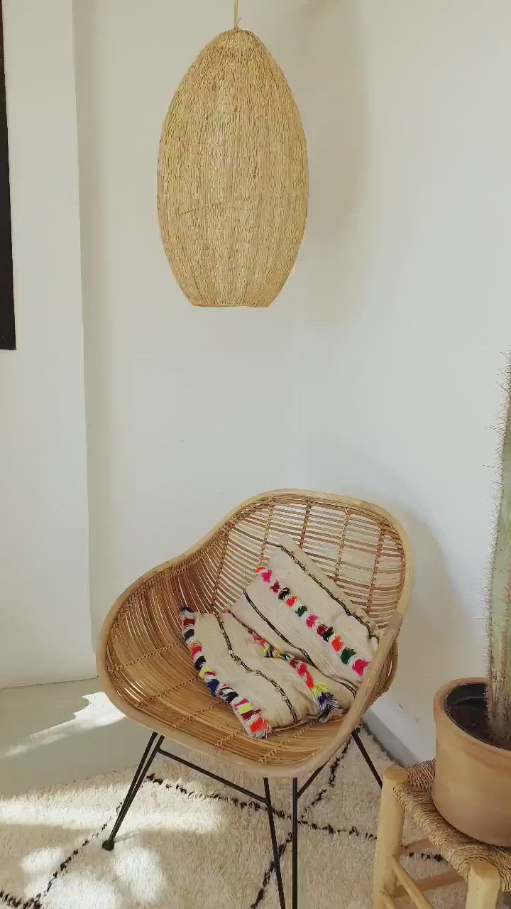 Lampe osier suspension raphia rotin chambre salon décoration intérieur bohème artisanat marocain palmier tressé boho