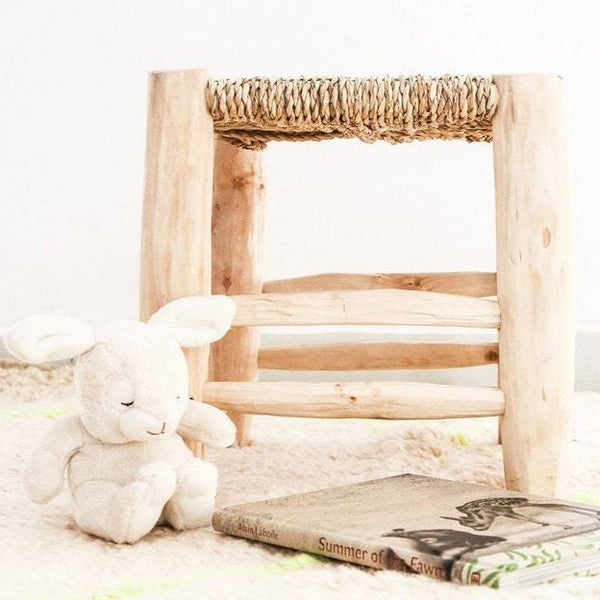 Tabouret enfant en bois et corde tressée fabrication artisanale marrakech maroc artisanat décoration intérieur bohème