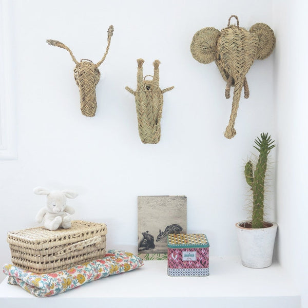 decoration interieur chambre enfants set trophées tetes animaux osier elephant jouet 