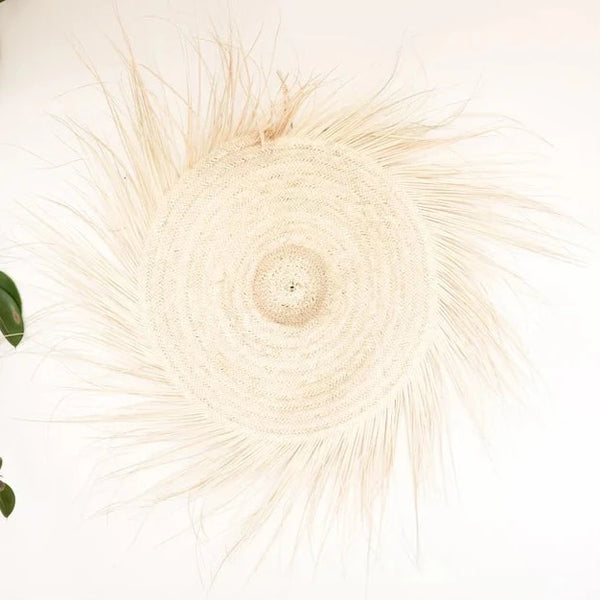 Large round raffia wall mirror